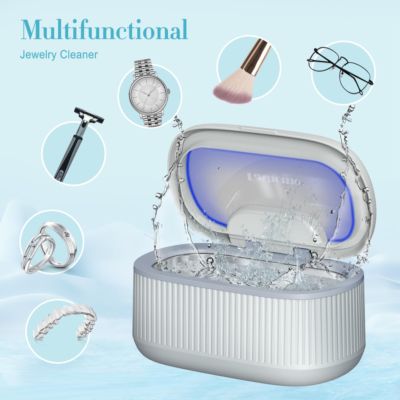 Ultrasonic Jewelry Cleaner with Basket/Holder, Adjustable Power Ultrasonic Cleaner for Retainers, Rings, Eyeglasses, Dentures, Watch Bands - 550ML 20oz w/Lights, 5 Cleaning & Degas Modes