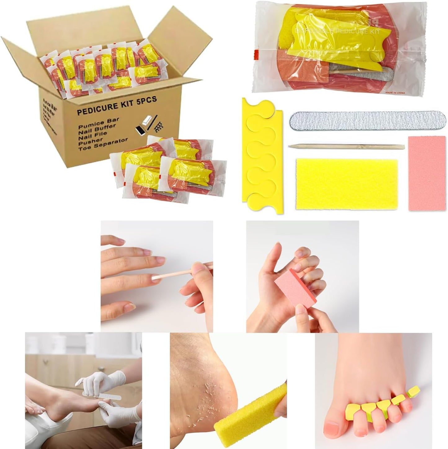 Disposable Pedicure Kit 5-in-1, 30-Counts - Nail Buffer, Pumice Pad, Nail File (100/180 Grit), Wood Stick and Toe Separators - Complete Kit for Salon or Home Use