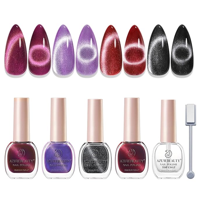 AZUREBEAUTY Cat Eye Nail Polish Set Quick Dry Mooncat Glitter Holographic Purple Black Red 4 Colors Natural Fingernail with Top Coat DIY Salon Home no Gel