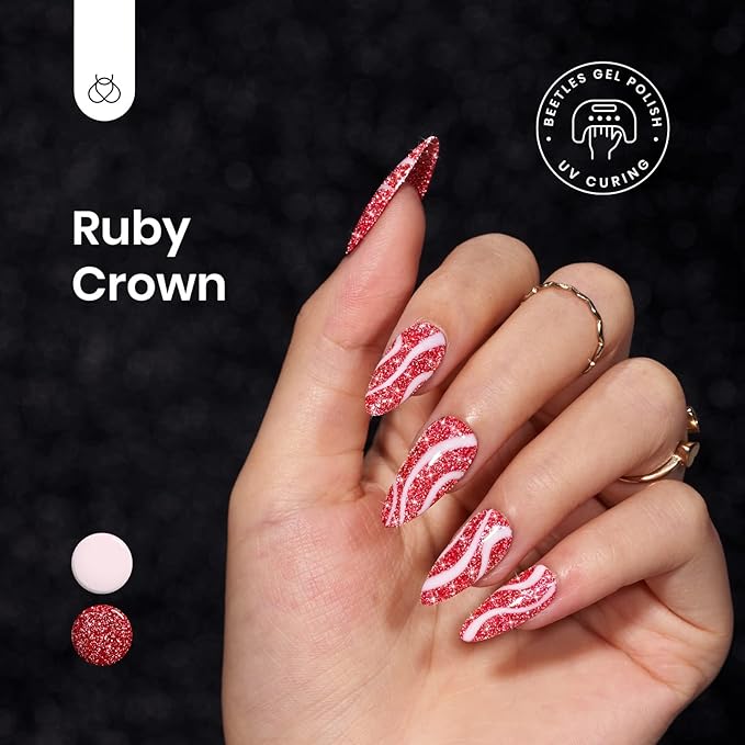 Beetles Red Gel Nail Polish - 15ml Sparkly Glitter Diamond Red Gel Polish for Girls & Women - Soak Off, UV Nail Lamp Included Christmas Gift for Women