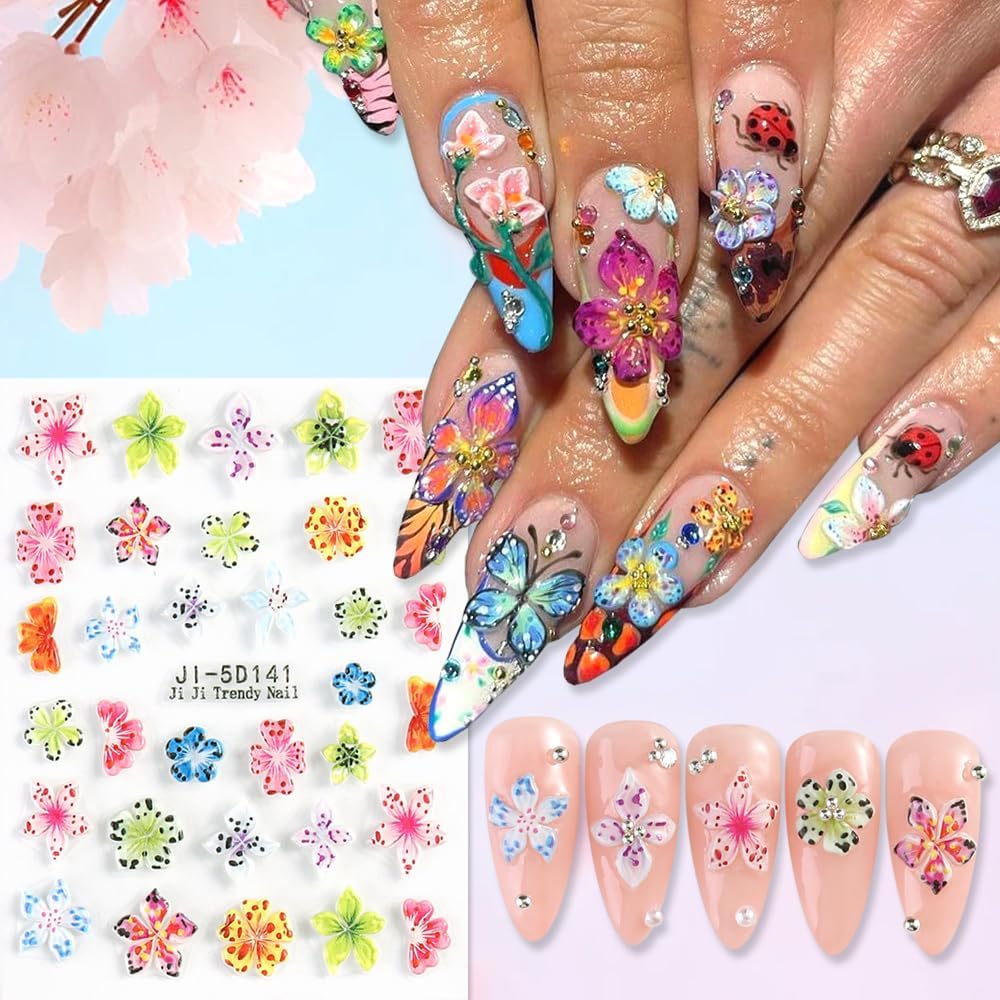 Flower Nail Art Stickers Decals 5D Embossed Nail Decals, 5 Sheets Colorful Flower Spring Summer Hibiscus Lily Floral Nail Art Design Self-Adhesive Nail Supplies Manicure Decorations for Women Girls