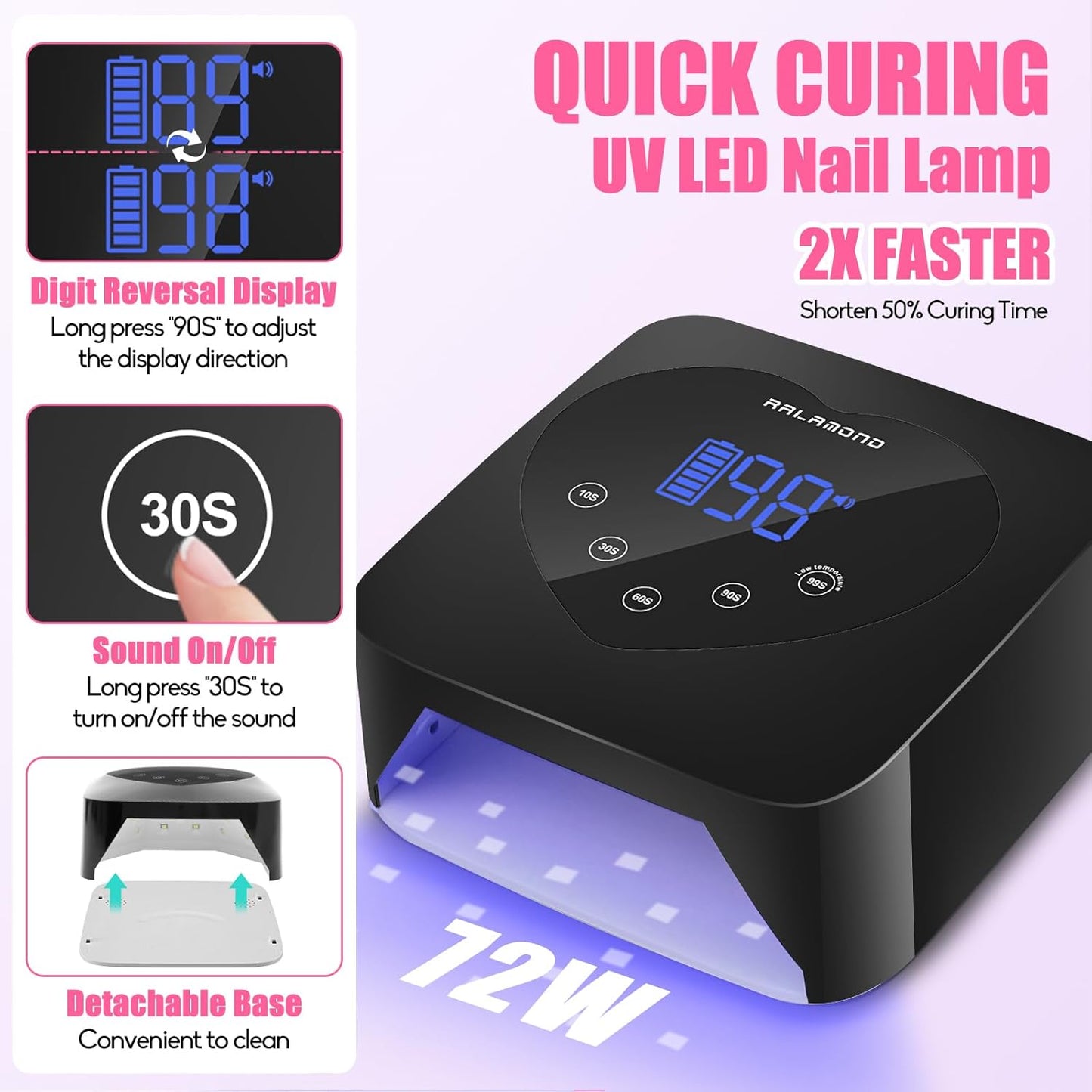 UV Nail Lamp, 72W Cordless UV Light for Gel Nails with 5-Timer & Auto Sensor, Rechargeable Gel Nail Lamp for Gel Polish, Professional Fast Curing Nail Dryer UV Led Nail Cure Lamp (Black)
