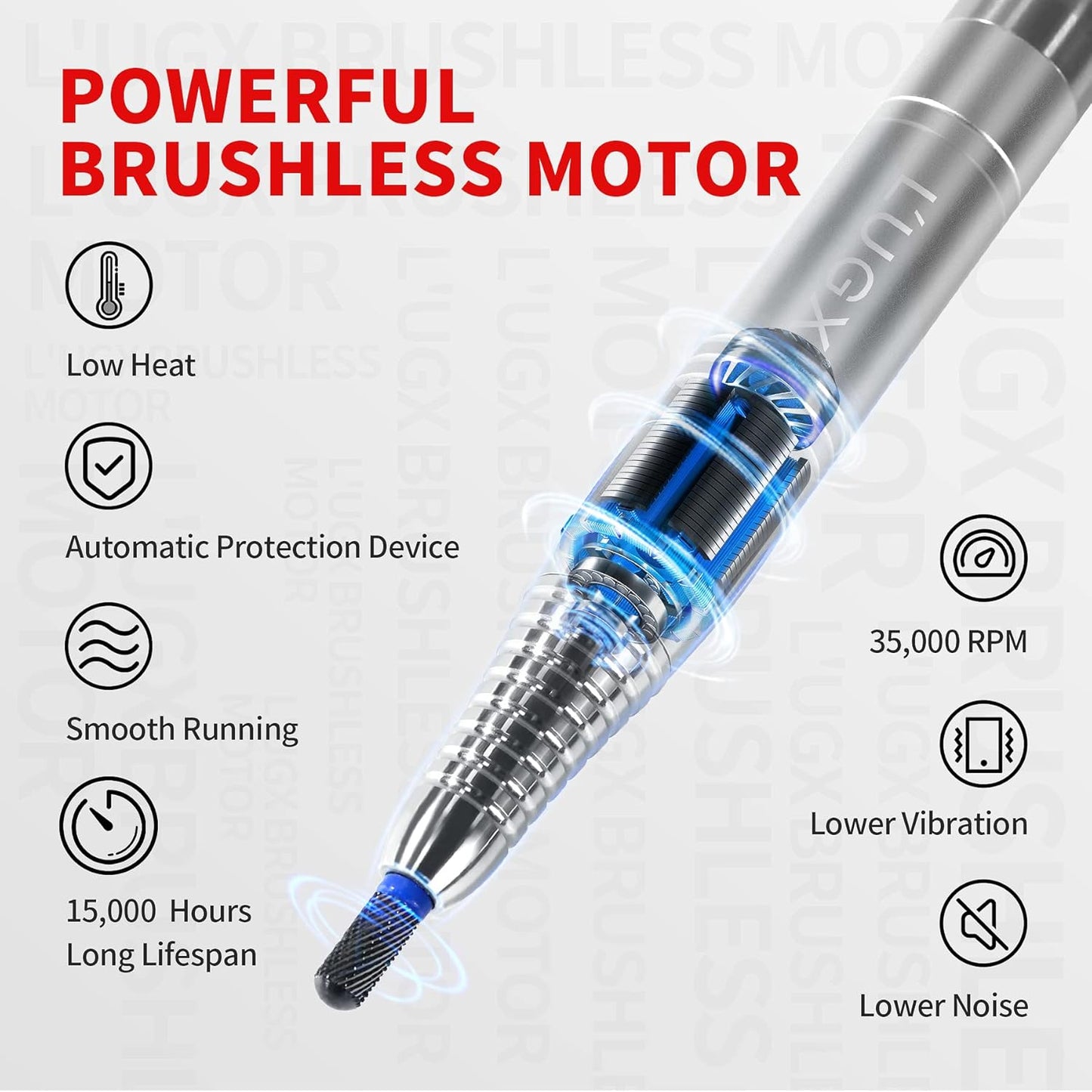 L'UGX Nail Drill 35000RPM Professional Brushless Electric Machine, Rechargeable Cordless Nail Efile for Acrylic Gel Nails, 8Pcs Nail Drill Bits, Low Noise Low Vibration