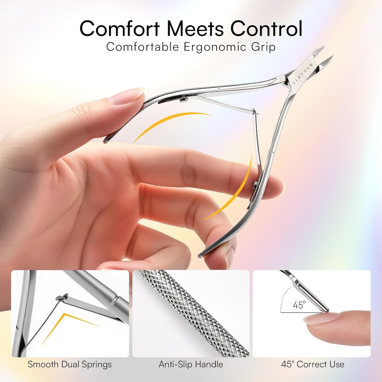 Makartt Cuticle Trimmer with Cuticle Pusher - Stainless Steel Cuticle Nipper with Dual Spring, Ergonomic Handle, 7mm Blade & Dual-Ended Pusher for Nail Care & Gel Removal, Silver
