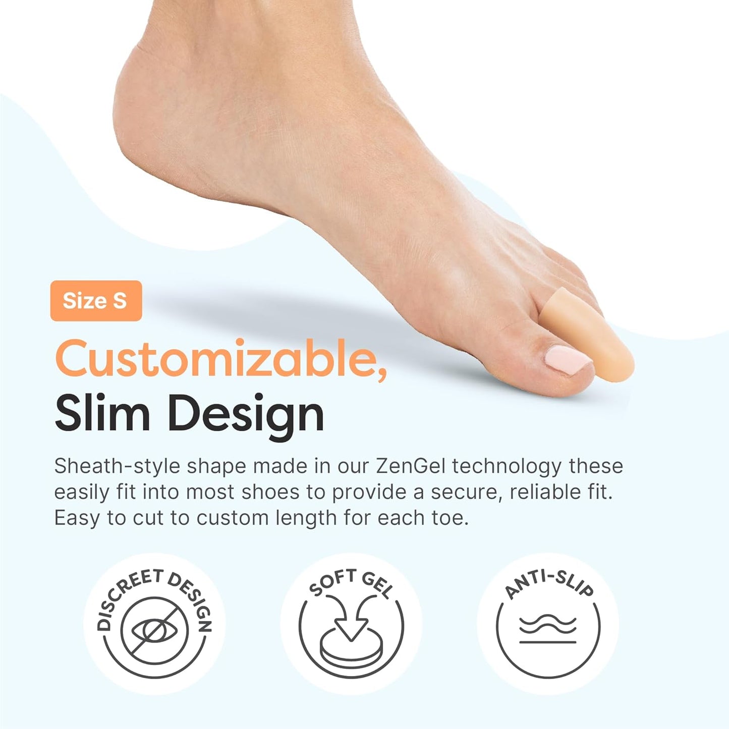 ZenToes 6 Pack Gel Toe Cap and Protector - Cushions and Protects to Provide Relief from Missing or Ingrown Toenails, Corns, Blisters, Hammer Toes (Small, Beige)