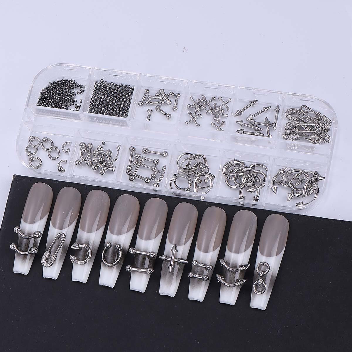 Metal Punk Nail Art Studs: 12 Grids Mixed Sizes Rivet Steel Beads Cross Nails Charms with Tweezers and Pen- Y2K Alloy Ring Gothic Nail Accessories for Women - DIY Craft Decoration Manicure Supplies