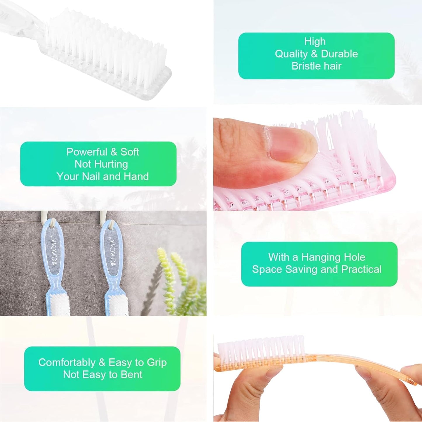 NICEMOVIC 10 Pcs Nail Brush for Cleaning Fingernails, Handle Grip Nail Scrubber Brush, Hand Fingernail Cleaner Brush Manicure Tools Scrub Cleaning Brushes Kit, Use for Toe and Nail Cleaning (Clear)