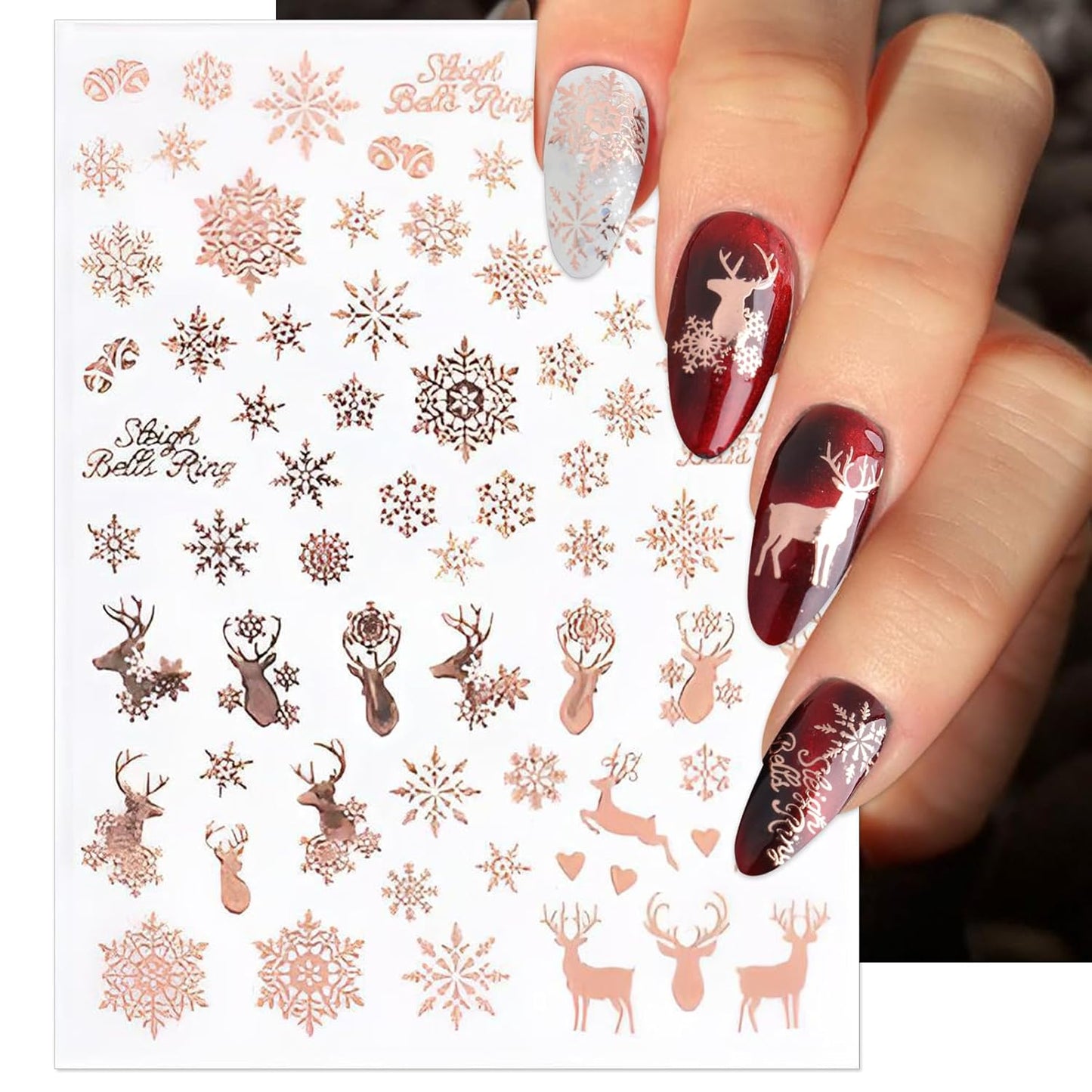 Christmas Nail Stickers, Rose Gold Self-Adhesive Nail Art Decals - 3D Snowflake Elk Design for DIY Manicure Winter Xmas Holiday DIY Nail Decorations (6 Sheets)