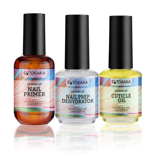 3Pcs Nail Dehydrator and Primer and Cuticle Oil for Acrylic Gel Nails 15ml Professional Acid Free Bonding Primer Nail Prep Set No Burns Manicure Bonder Liquid for DIY Home Salon