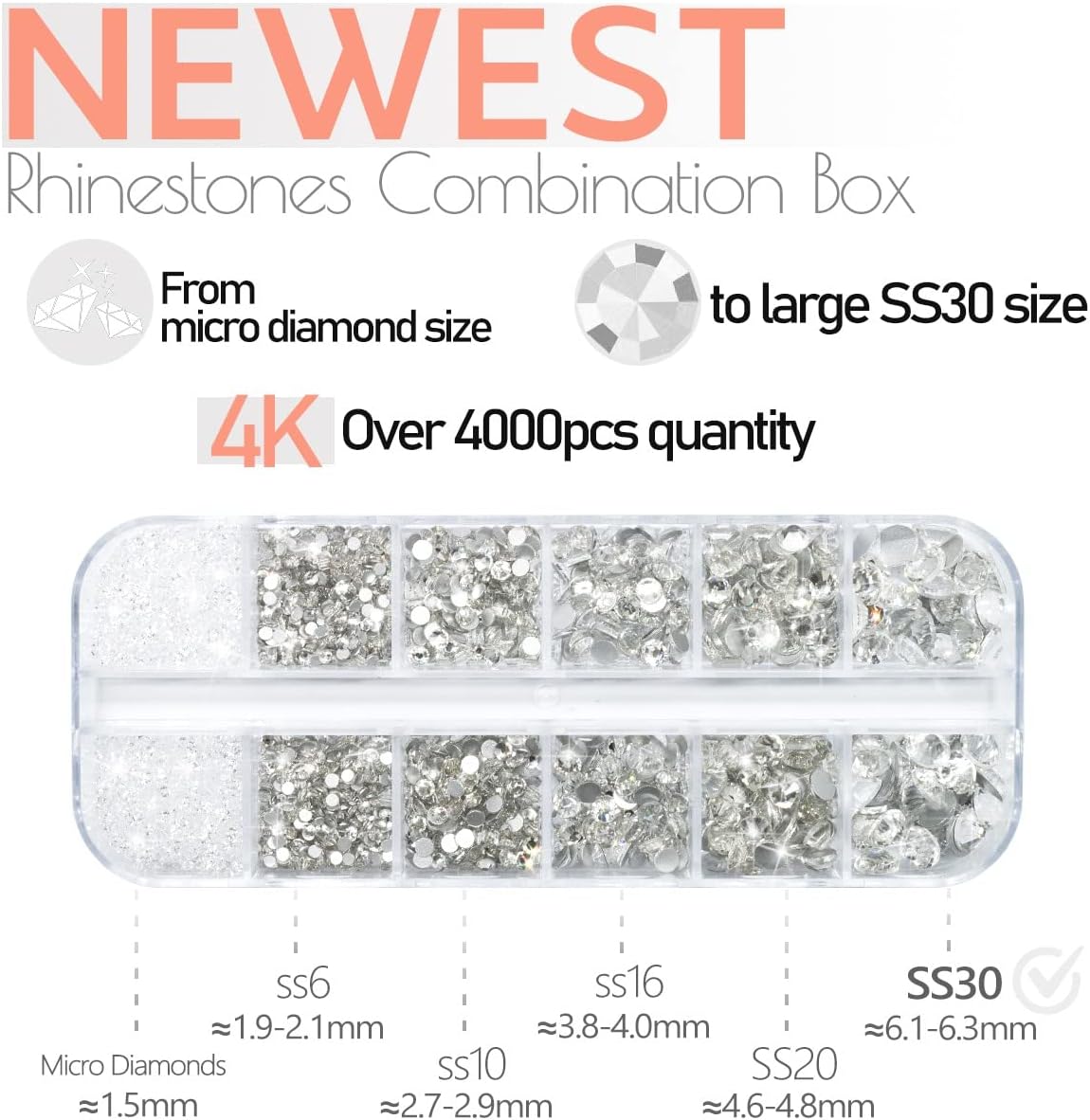 4010Pcs Crystal Clear Rhinestones, Crystal White Nail Rhinestones for Makeup K9 Glass 6 Sizes (1.6-6mm) to SS30 Round Flatback Nail Gems Stones Jewels Non-Hotfix Nail Charms for Nails Eyes Face Crafts