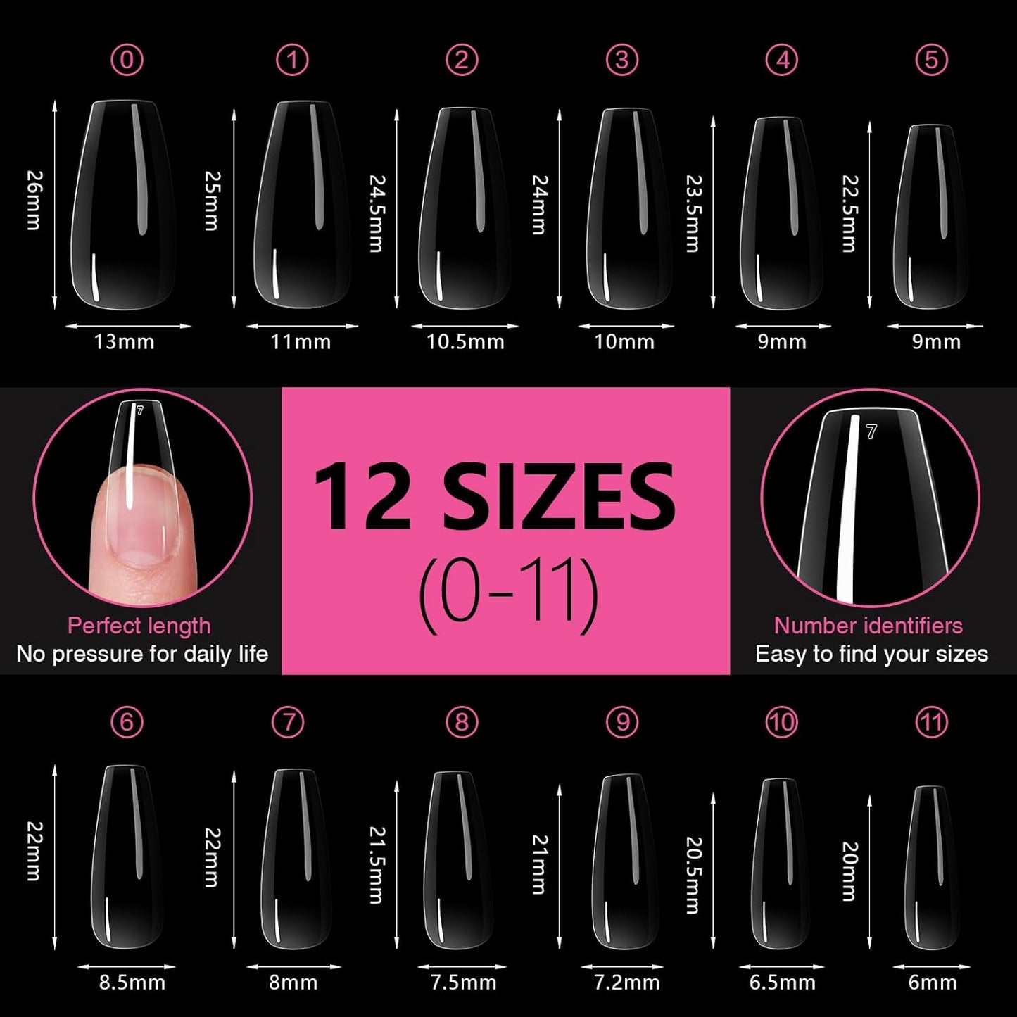 Medium Coffin Nail Tips 504PCS, Clear Acrylic Full Cover Gel Press on Nail Tips for DIY, 12 Sizes Pre-Shaped False Nails with Glossy Finish, Professional Manicure Kit & Easy Application