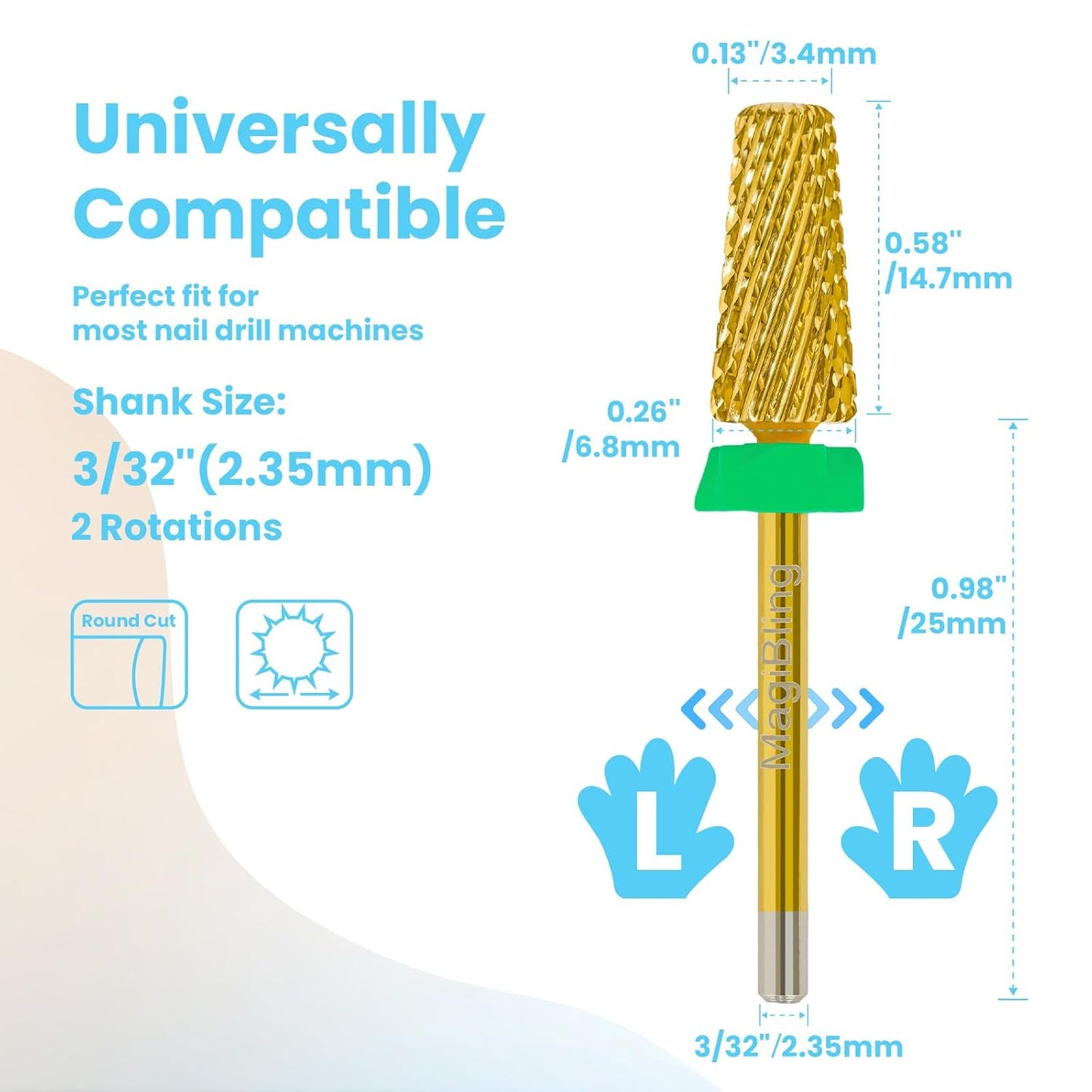 Nail Drill Bits 5 in 1 Tapered Barrel, 3/32'' Safety Tungsten Carbide Bits, Two-way Rotation, Suitable for Manicure Pedicure Cuticle Gel Polishing, Technicians Bits, Grit: Coarse.