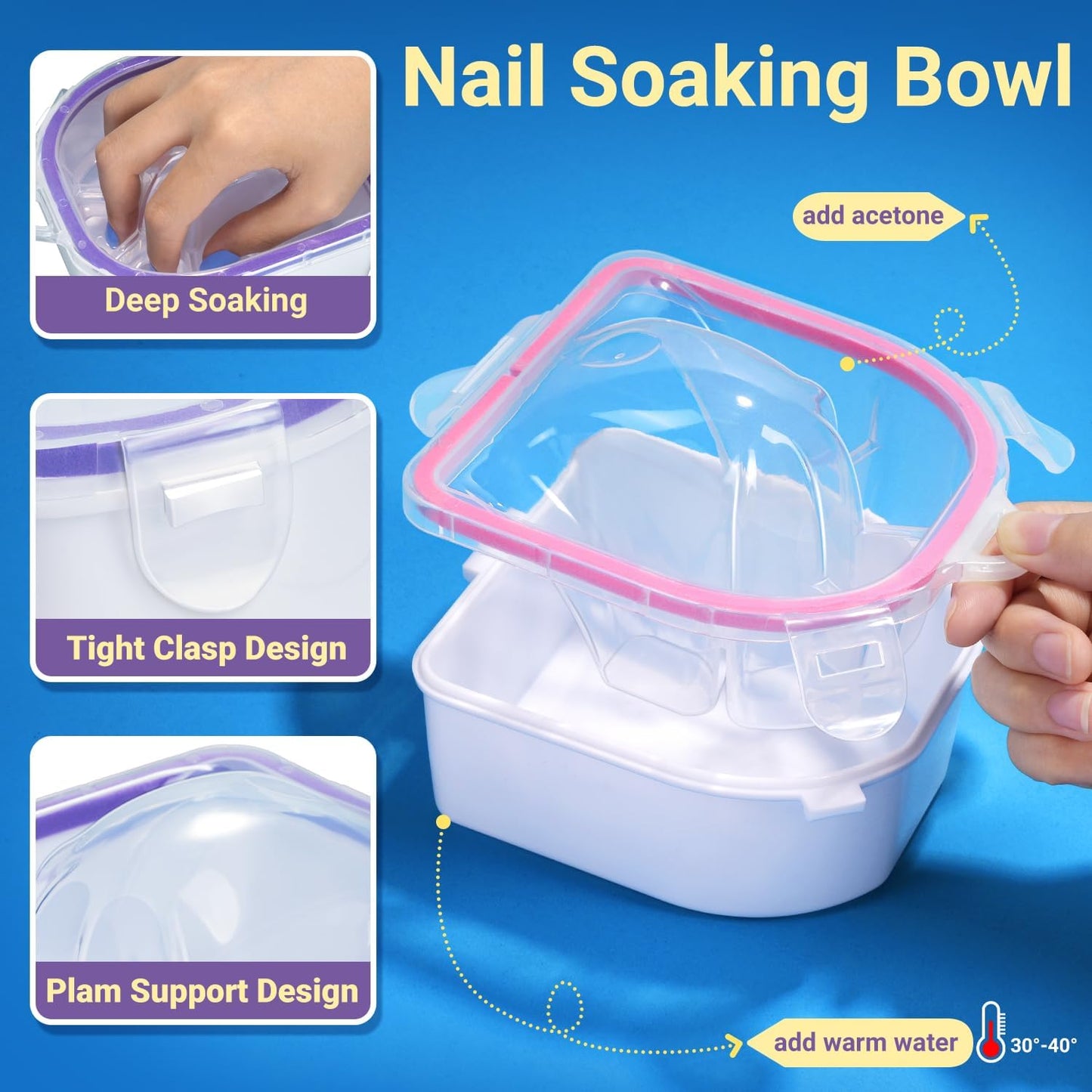 TsMADDTs 12PCS Nail Soaking Bowl Acetone Gel Polish Remover Kit with 2PCS Soak Off Bowls Manicure Bowls for Hands, Cuticle Remover Tools, Cuticle Oil, Files, Buffers, Brush, Dip Removal Kit