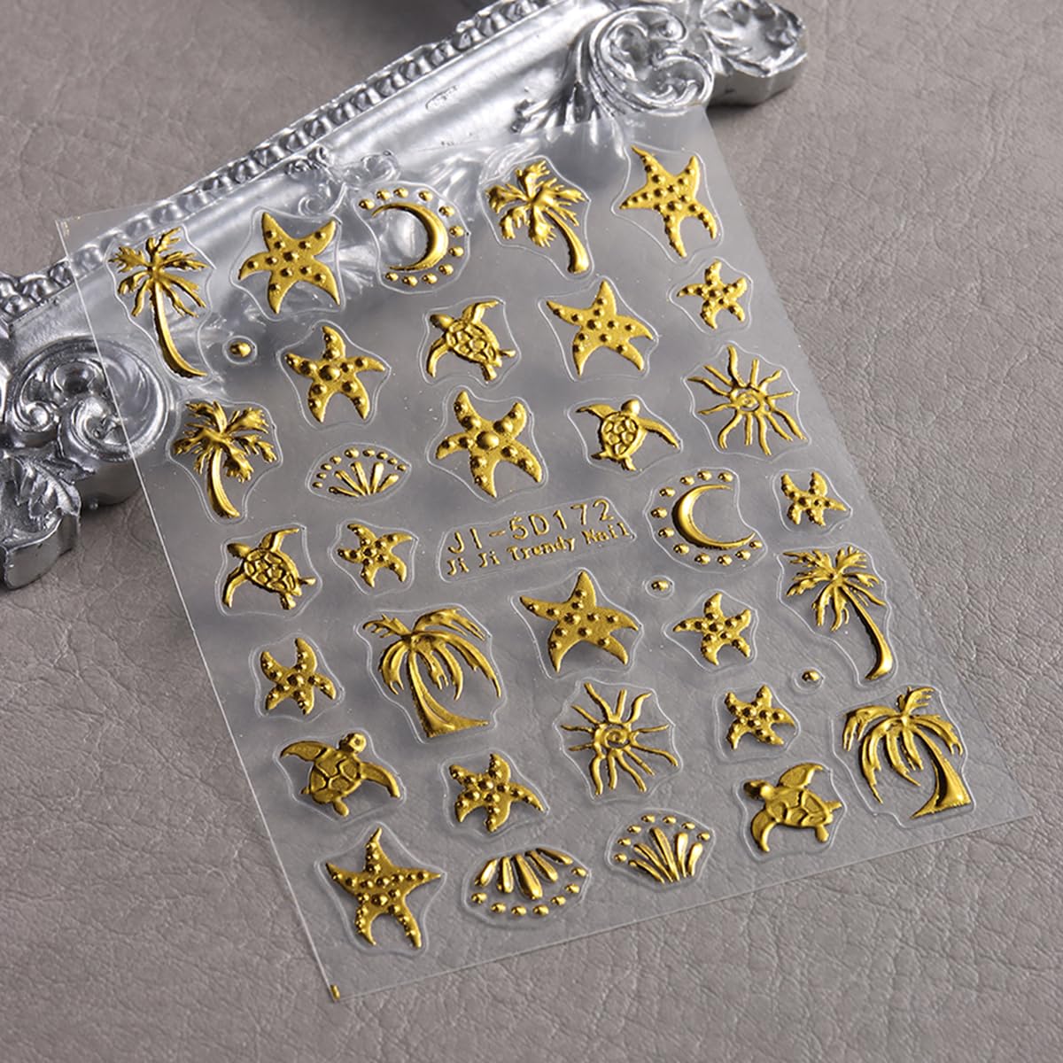 Summer Nail Art Stickers Decals Palm Tree Starfish 5D Embossed Nail Decals 2PCS Golden Coconut Tree Turtle Moons Summer Nails Design Adhesive Sticker Nail Art Supplies for Women Manicure Decorations