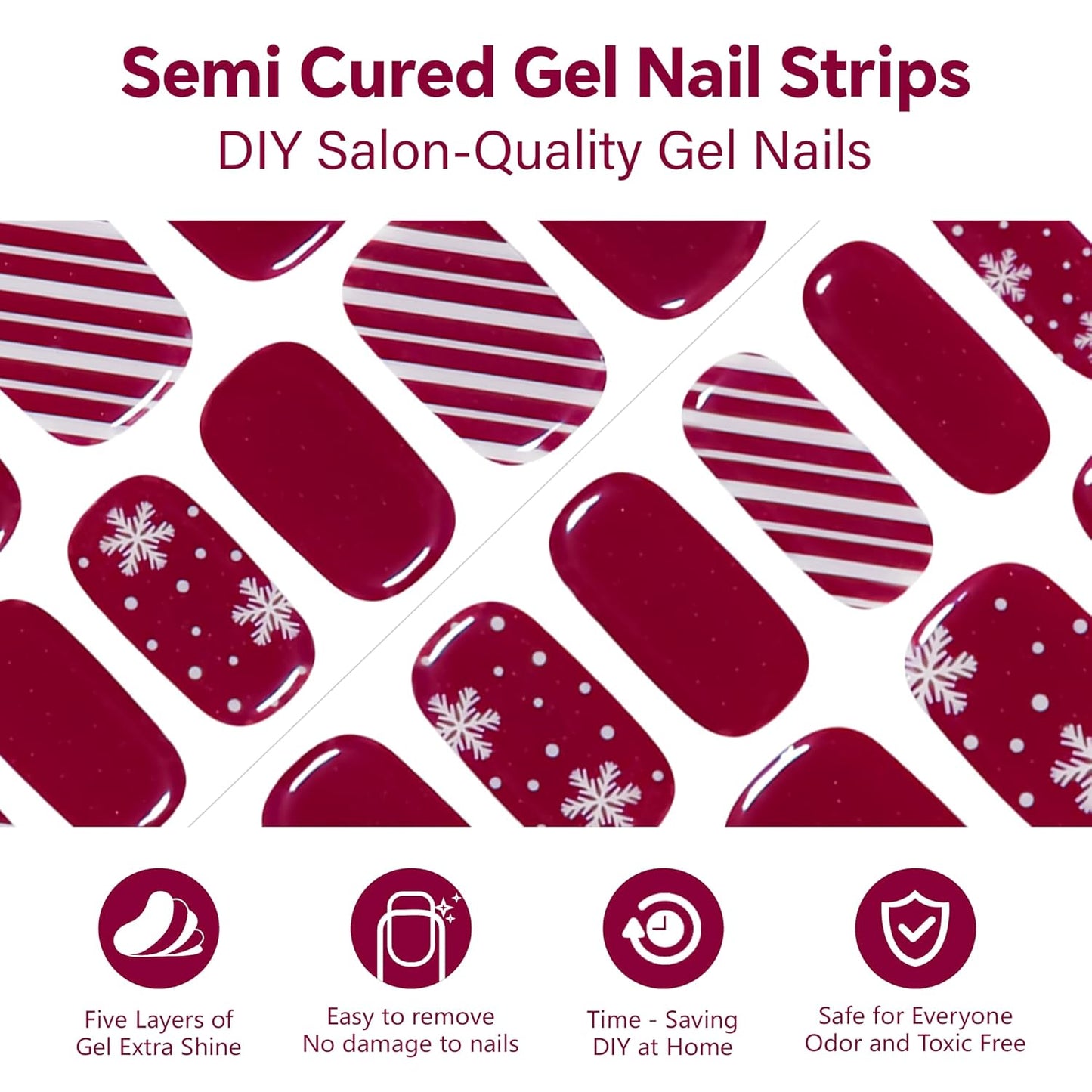 Semi Cured Gel Nail Strips-Works with Any UV/LED Lamps(Maroon Snowflake)