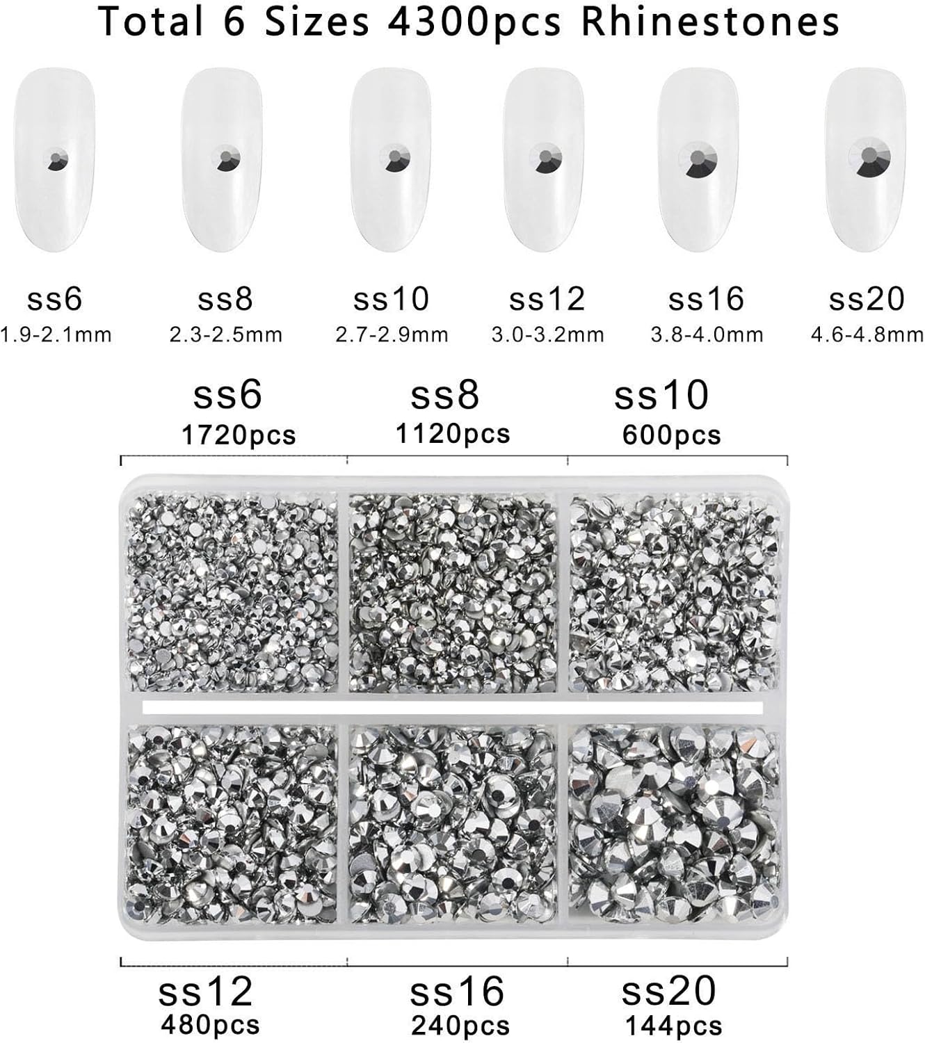 Beadsland 4300pcs Flatback Rhinestones,Silver Rhinestone Nail Gems Round Crystal Rhinestones for Crafts,Mixed 6 Sizes with Picking Tweezers and Wax Pencil Kit, SS6-SS20,Silver Hematite