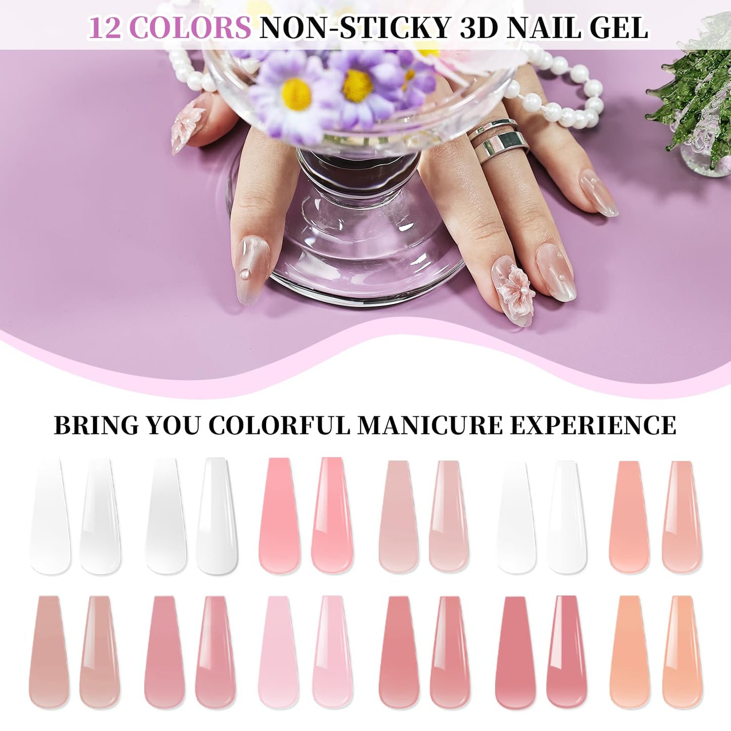 JEWHITENY 12 Colors Non-Sticky Solid Builder Gel Kit:3D Sculpting Gel with Mini U V Nail Lamp for Nail Extension,Modeling, Sculpture