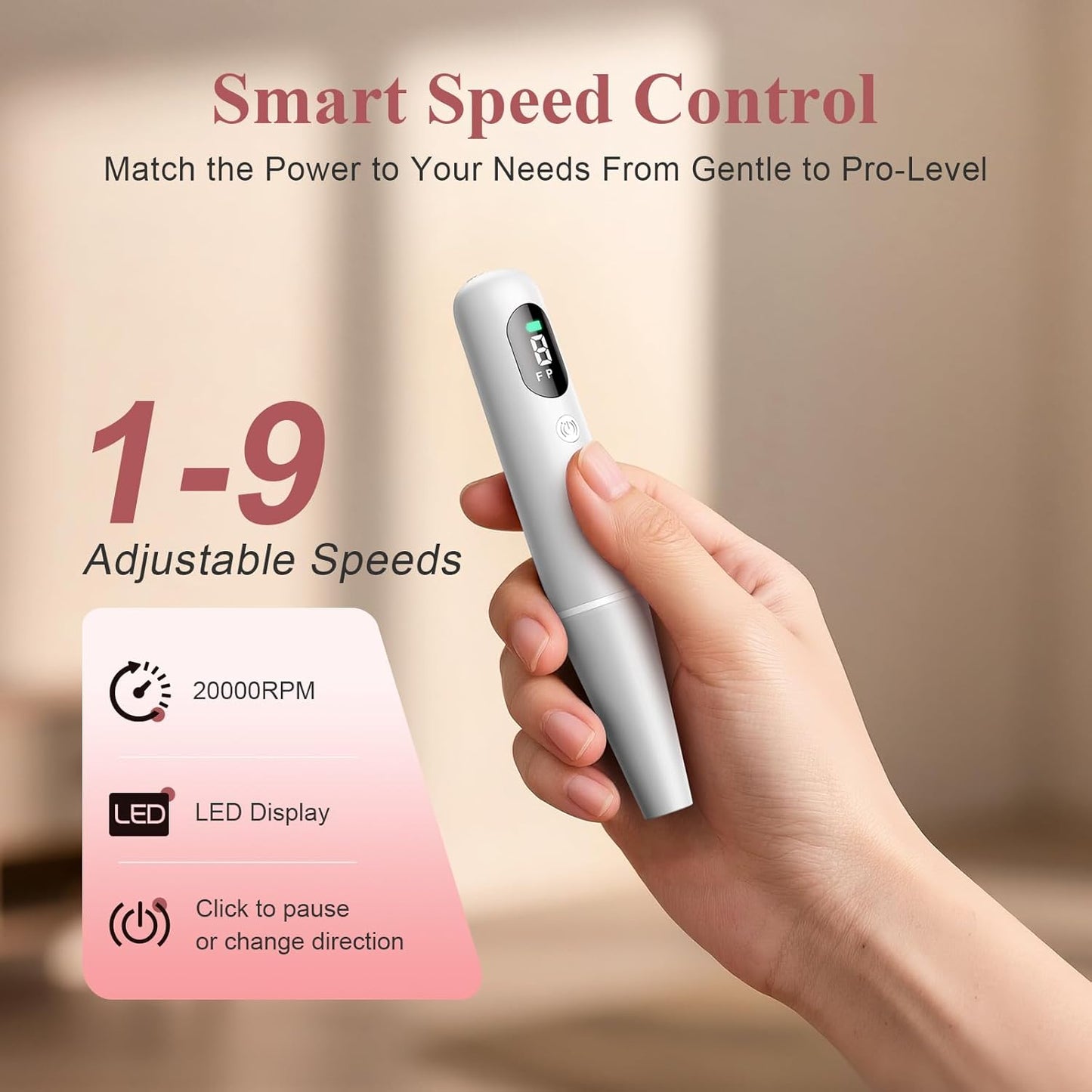 Cordless Nail Drill Kit - 9 Speed Wireless Electric Nail File with LED Display, Portable Nail Drill Machine for Acrylic Gel Nails, Rechargeable 20000RPM Hand Feet Grind Trim Tool for Women Men Baby