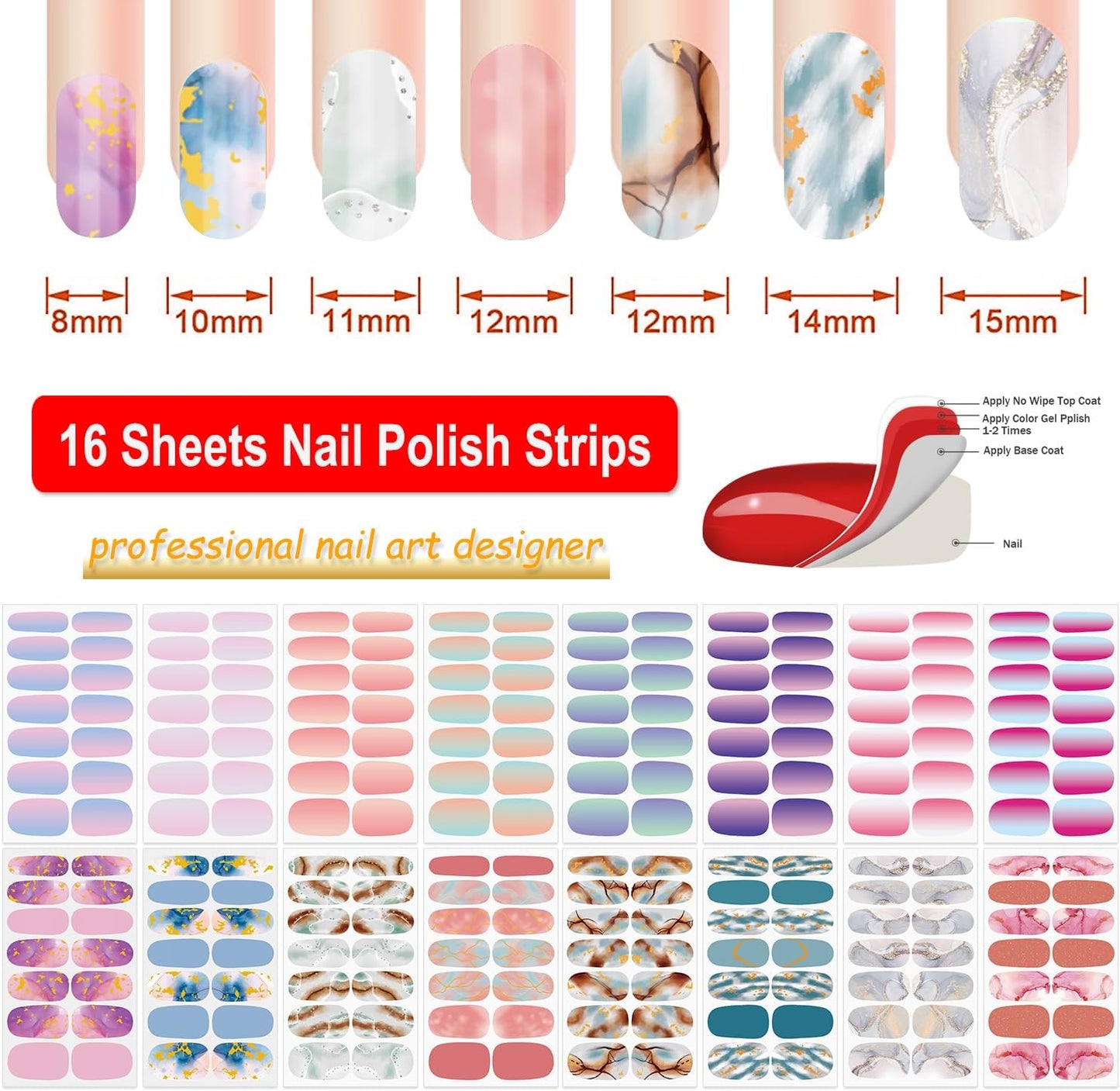DANNEASY 16 Sheets Nail Polish Strips for Women Girl Marble&Glitter Mermaid Color Nail Polish Stickers Full Nail Wraps Gel Nail Strips Self Adhesive Manicure Sticker with File, Cuticle Stick