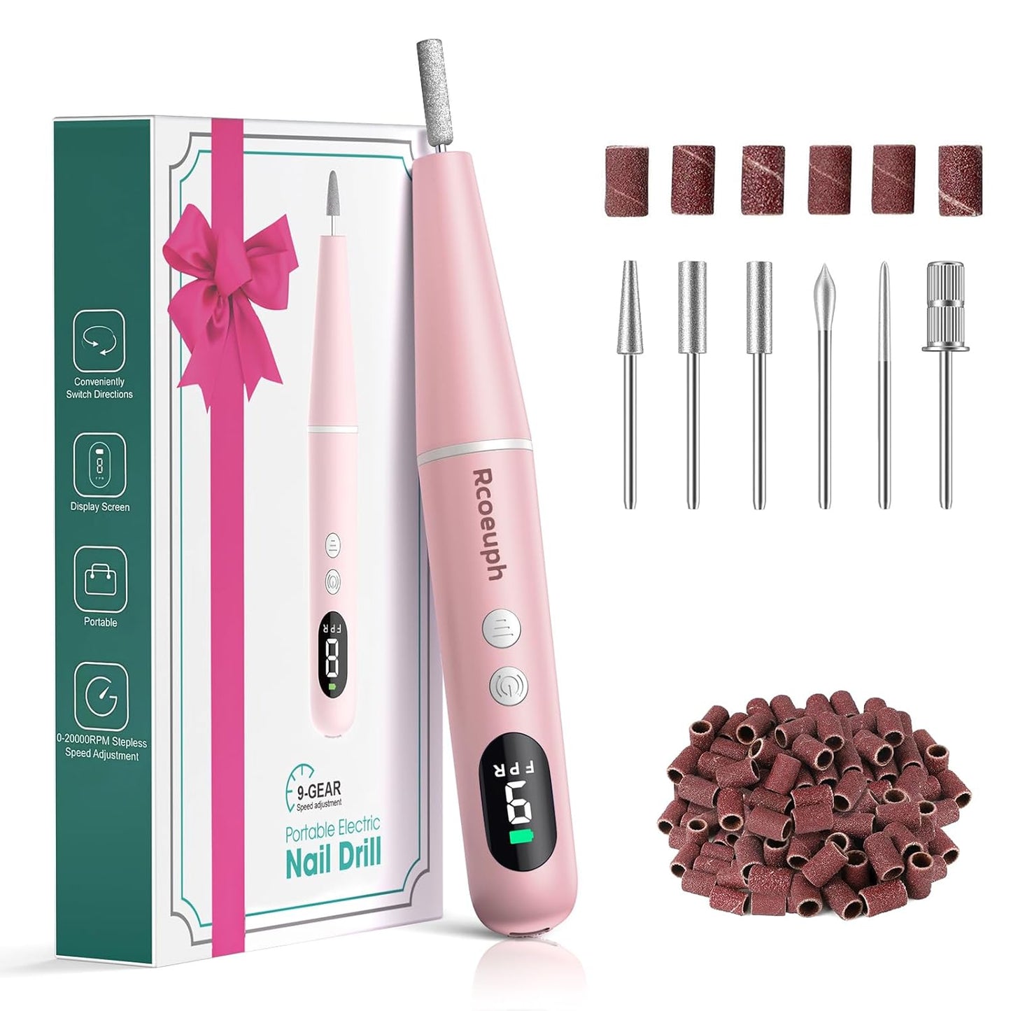 Cordless Nail Drill Kit - 9 Speed Wireless Electric Nail File with LED Display, Portable Nail Drill Machine for Acrylic Gel Nails, Rechargeable 20000RPM Hand Feet Grind Trim Tool for Women Men Baby