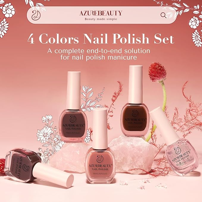 AZUREBEAUTY Jelly Nail Polish Set 4 Colors Nude Brown Red Purple Quick Dry Transparent Sheer Nail Polish Natural Nail Lacquer Fingernail with Top Coat DIY Salon Home