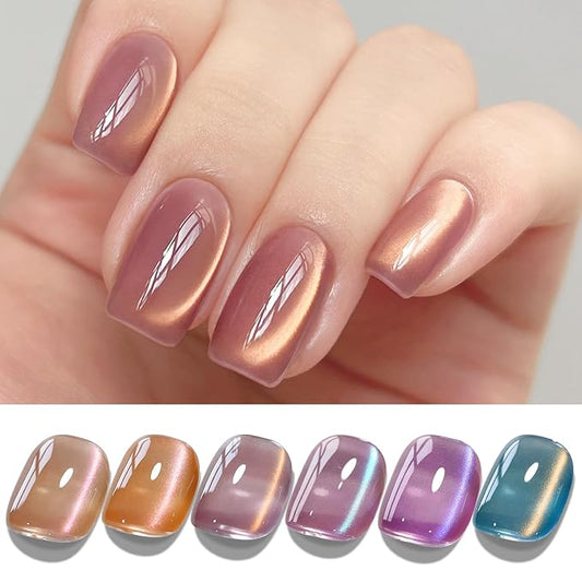 Double Rhythm 6 Colors Cat Eye Gel Polish Set Shimmer Glitter with Magnet Holographic Reflective Magnetic UV Nail Art Kit (6-Kit 43)