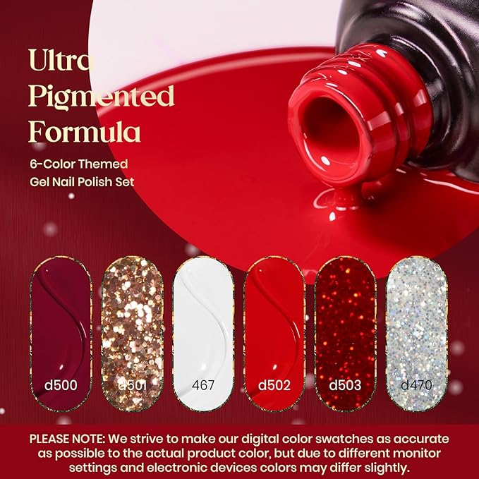 Beetles Christmas Gel Nail Polish – Candy Cane Gel Polish Set, 6 Color Burgundy Red Glitter White Silver Winter Snow Holiday Sparkle Manicure Kit Soak off Uv Nail Art Design Gifts for Women