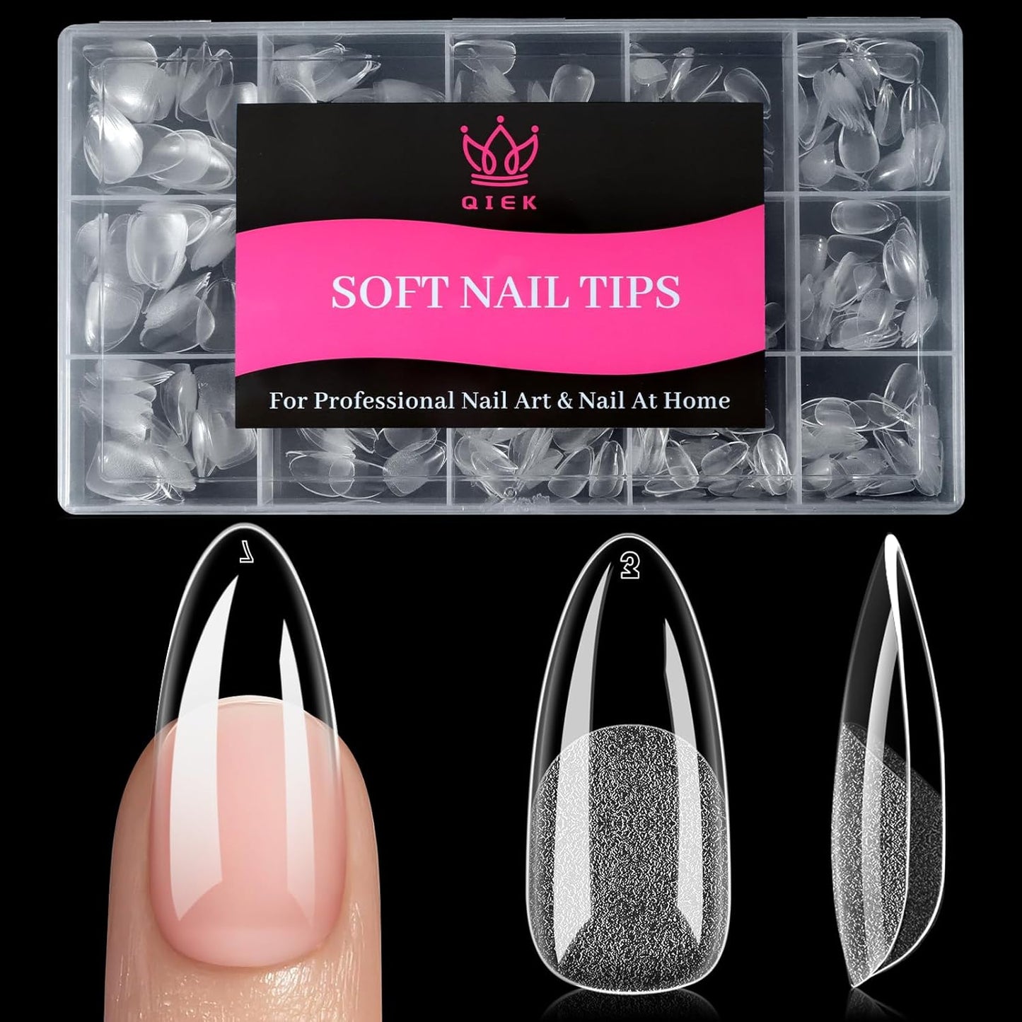Medium Almond Fake Nail Tips, 15 Sizes 240 PCS Clear Half Matte Press On False Nail Tips Pre-shaped Full Cover Gel Nail Acrylic Soft Tips Extensions Thick Long Lasting for Home DIY Nail Salon