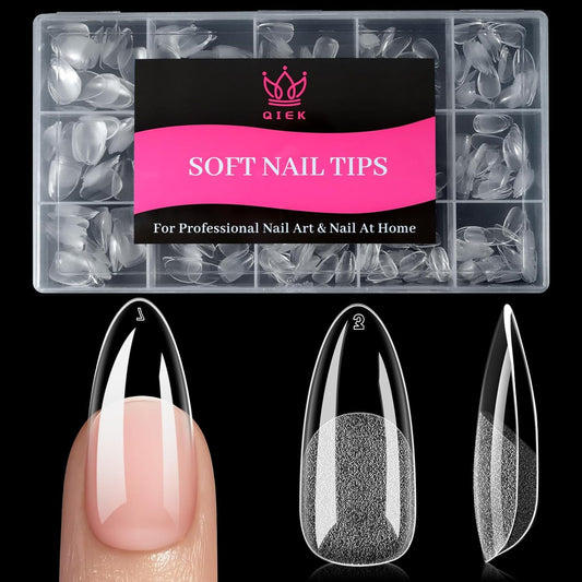 Medium Almond Fake Nail Tips, 15 Sizes 240 PCS Clear Half Matte Press On False Nail Tips Pre-shaped Full Cover Gel Nail Acrylic Soft Tips Extensions Thick Long Lasting for Home DIY Nail Salon