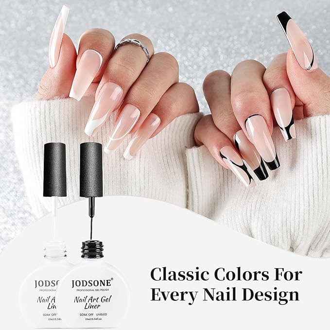 JODSONE 10ml Nail Art Gel Liner Set 2 Colors Black and White Gel Nail polish Need U V Lamp Cured Gift for Girls