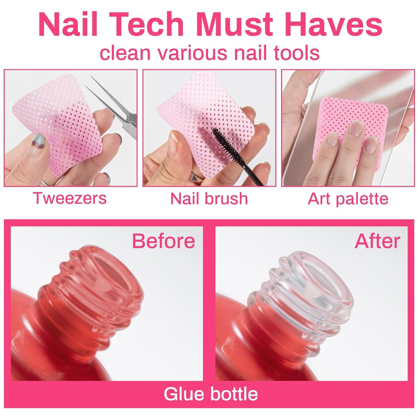 1500pcs Lint Free Nail Wipes - No Lint Nail Polish Gel Remover Wipe Toallitas Sin Pelusa Para UñAs Non Lint Nail Prep Pads Eyelash Extension Napkins Pink Nail Supplies Art Tech Must Haves Stuff