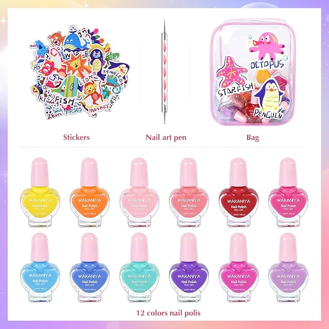 Kids Nail Polish 12 Colors Girls Nail Kit with Glitter Stickers and PVC Organizer Bag Non Toxic, Quick Dry Peel Off Safe Nail Polish