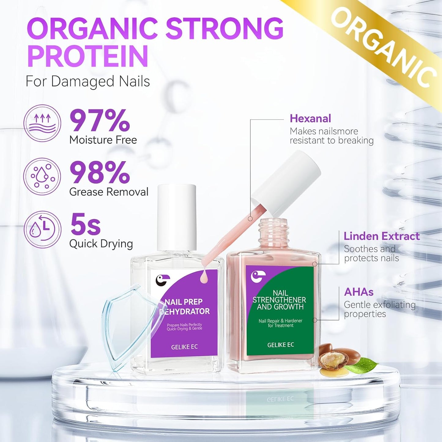 Gelike EC 2-in-1 Nail Repair Set: Nude Strengthener & Dehydrator 15ml Fix Weak Nails Fast - Salon Results at Home for Busy Moms Travelers