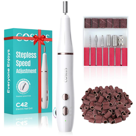 COSLUS Cordless Electric Nail Drill File: Nail Drill Machine with Stepless Speed Knob for Acrylic Gel Dip Powder Polish, Professional Portable Manicure Pedicure Rechargeable for Home Salon Use White
