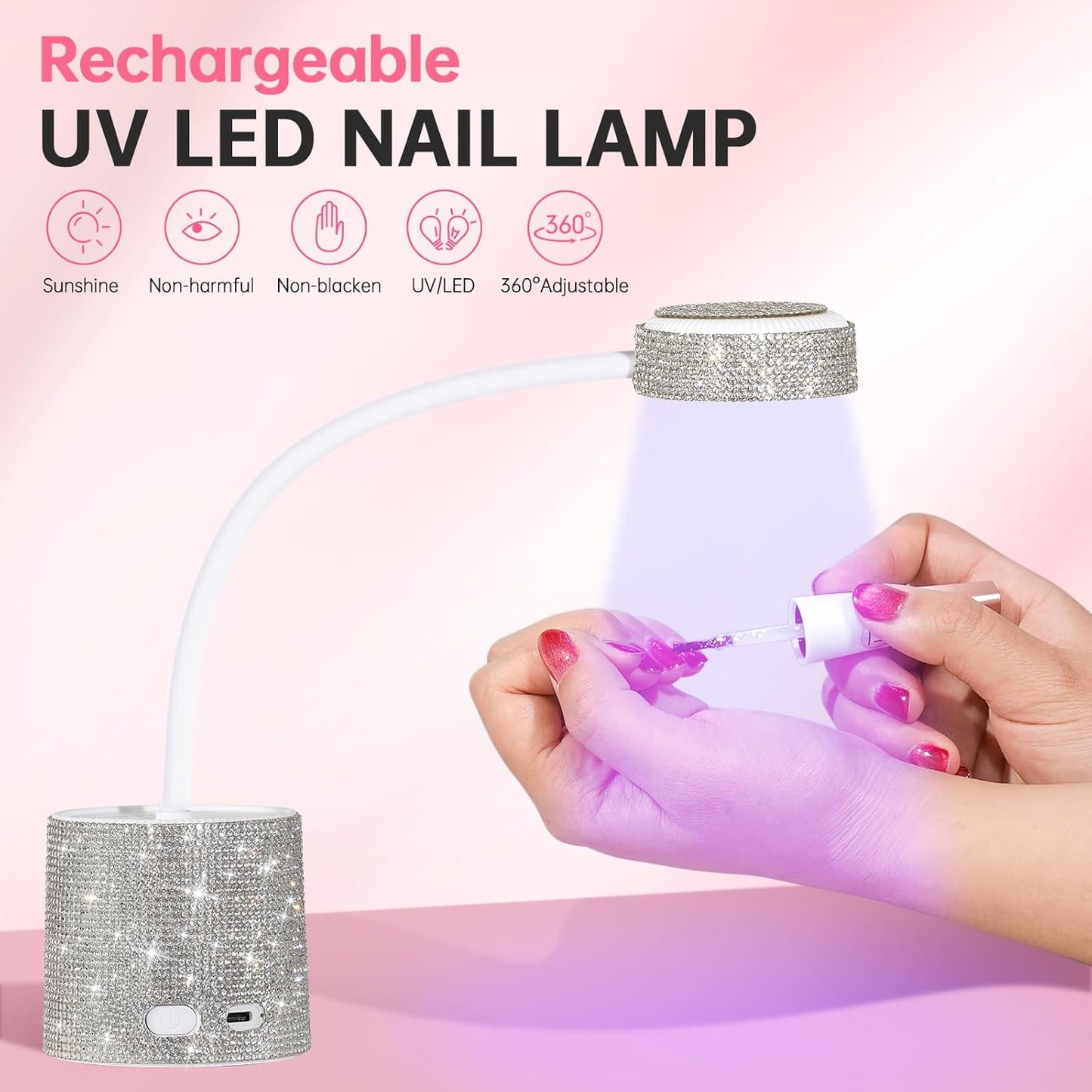 UV LED Nail Lamp, Mini UV Light for Gel Nails Polish, Rechargeable LED Flash Cure Nail Dryer, Quick Drying Goosenecks UV Nail Lamp for Home Nail Salon DIY Manicure, White Diamond