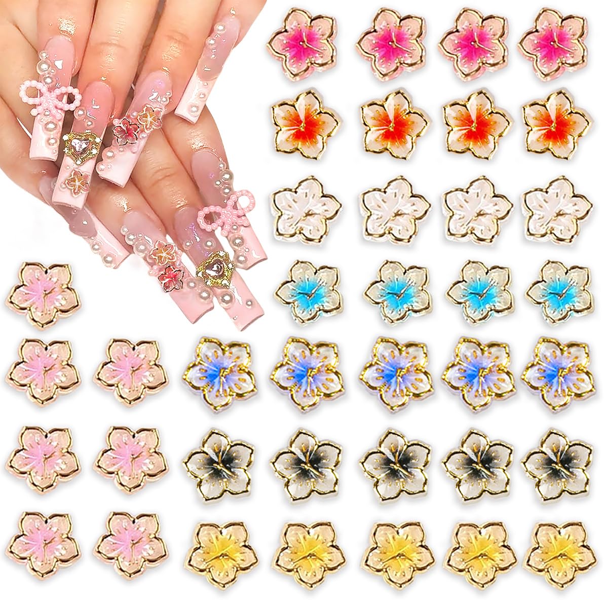 56Pcs Colorful Flower Nail Charms Clear Colour Crystal Nail Charms for Nails 3D Acrylic Gems Nail Supplies Luxury Gold Edge Nail Rhinestones Design Cute Glitter Nail Art Charms for Women Girls DIY