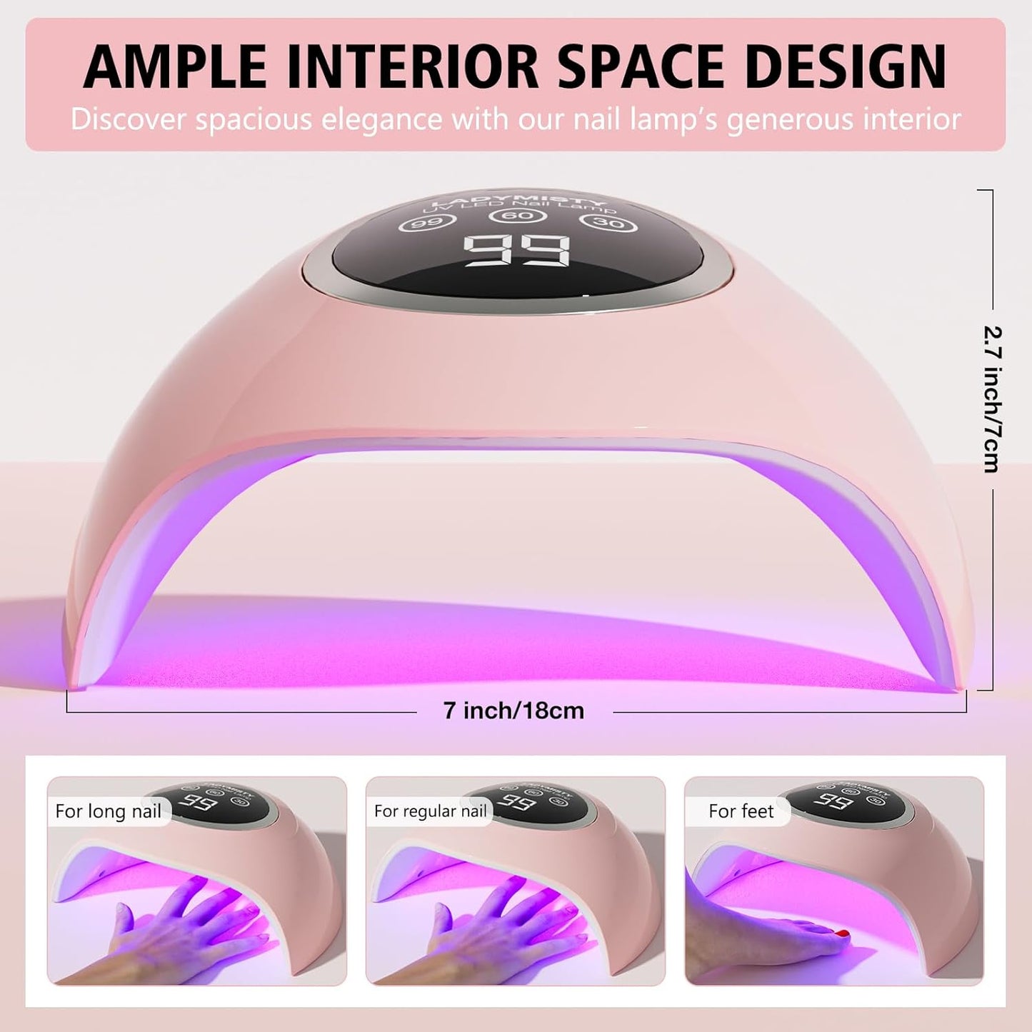 72W UV LED Nail Lamp Light Dryer for Nails Gel Polish with 18 Beads 3 Timer Setting & LCD Touch Display Screen, Auto Sensor, Professional Nails, Pink