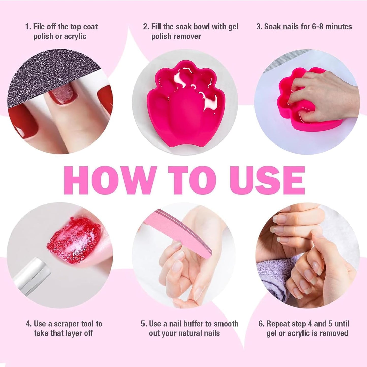 Nail Polish Remover Soak Bowl [2 PCS], Gel Polish Remover Refill Kits for Nails Including 10 PCS Soak Off Caps, Nail Buffer Block, Nail File, Cuticle Pusher, Pipette