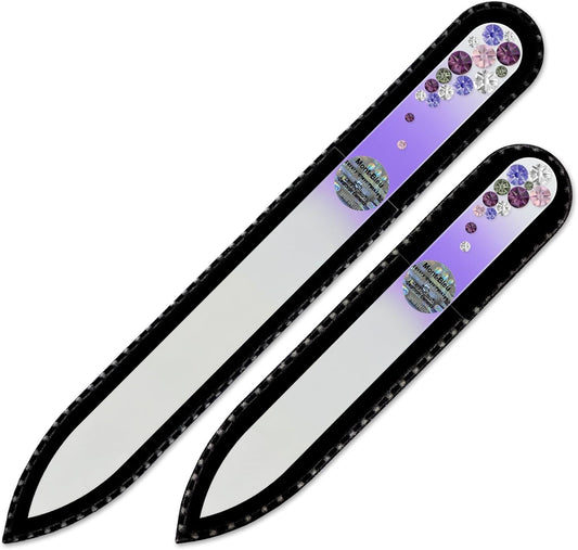 Professional Nail Files - Mont Bleu Set of 2 Glass Nail Files Hand Decorated with Crystals - Handmade Gifts for Women - Czech Tempered Glass - Travel Nail File for Shiny Nails