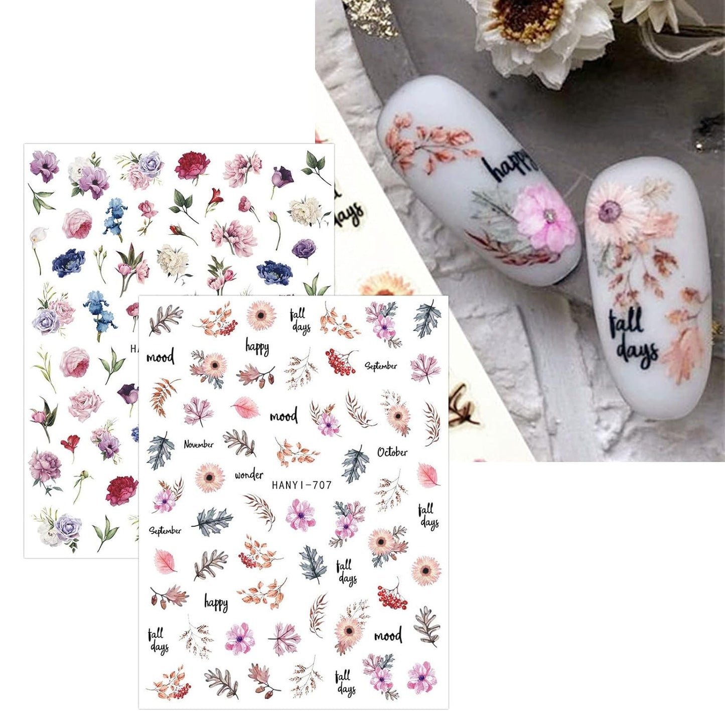 JMEOWIO 10 Sheets Spring Flower Nail Art Stickers Decals Self-Adhesive Pegatinas Uñas Colorful Floral Summer Nail Supplies Nail Art Design Decoration Accessories