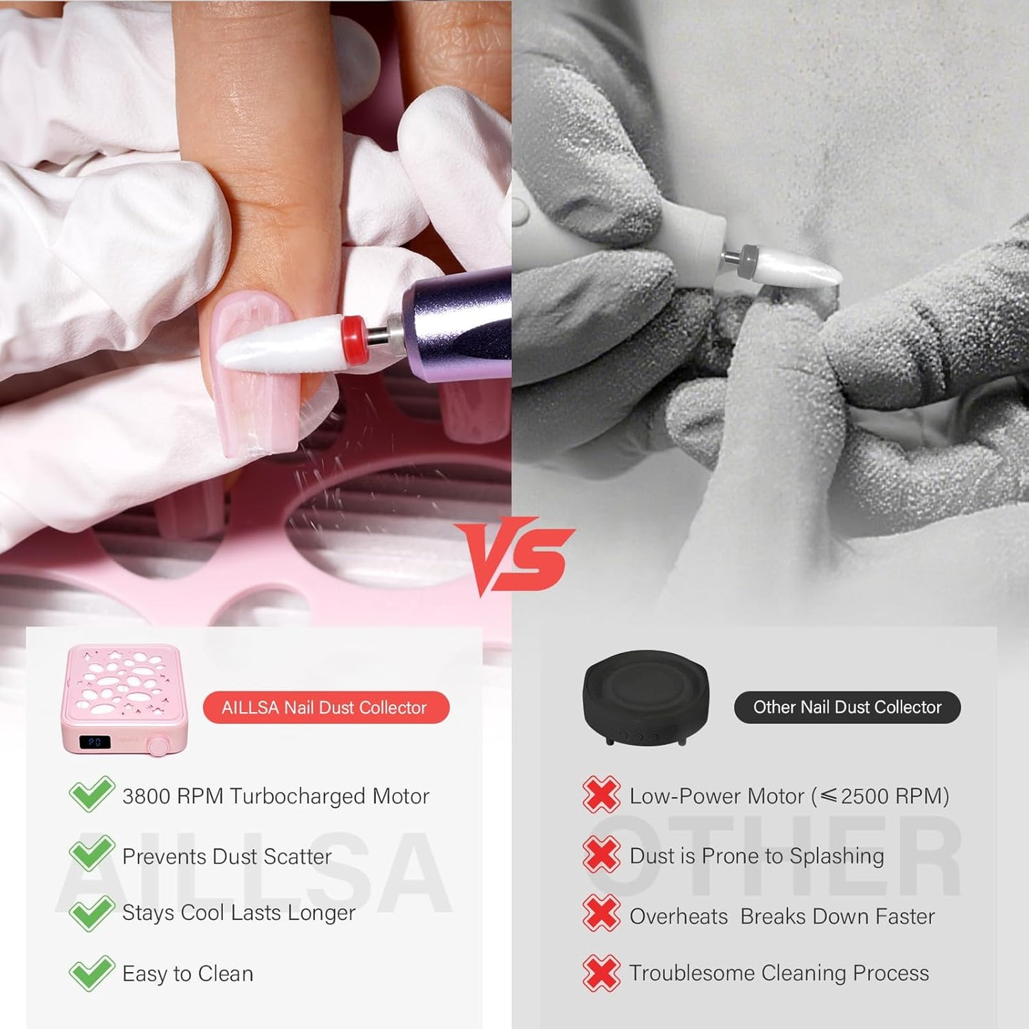 Aillsa Nail Dust Collector: Professional Powerful Suction Dust Collector Nail Tech Adjustable Speed with LED Display & Brush & Filter Paper for Acrylic Gel Nail Polish Manicure Salon & Home Use（Pink）