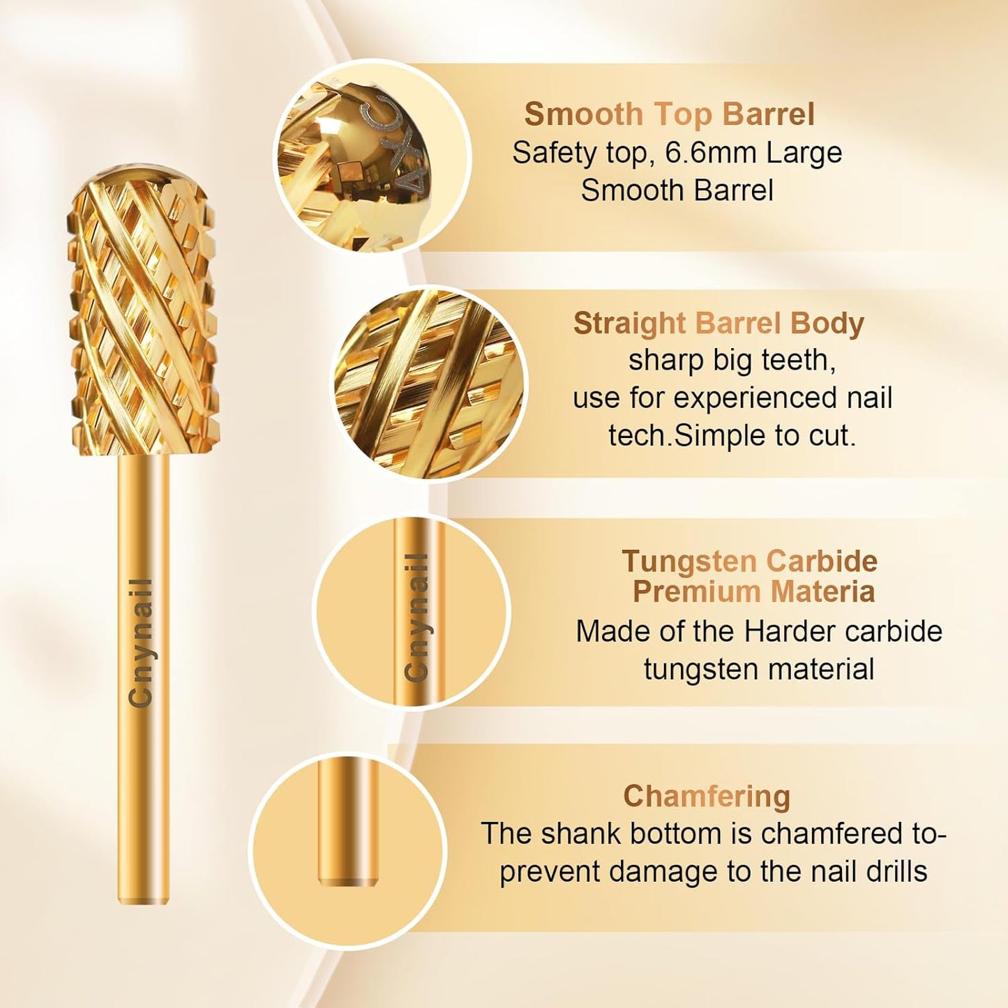 3/32" Large Barrel Smooth Round Top Tungsten Carbide Nail Drill Bit Safety Bit for Gel & Acrylic Removal, 2-Way Rotating Efile Tip, Salon Electric File Accessory (4XC Grit, Gold)