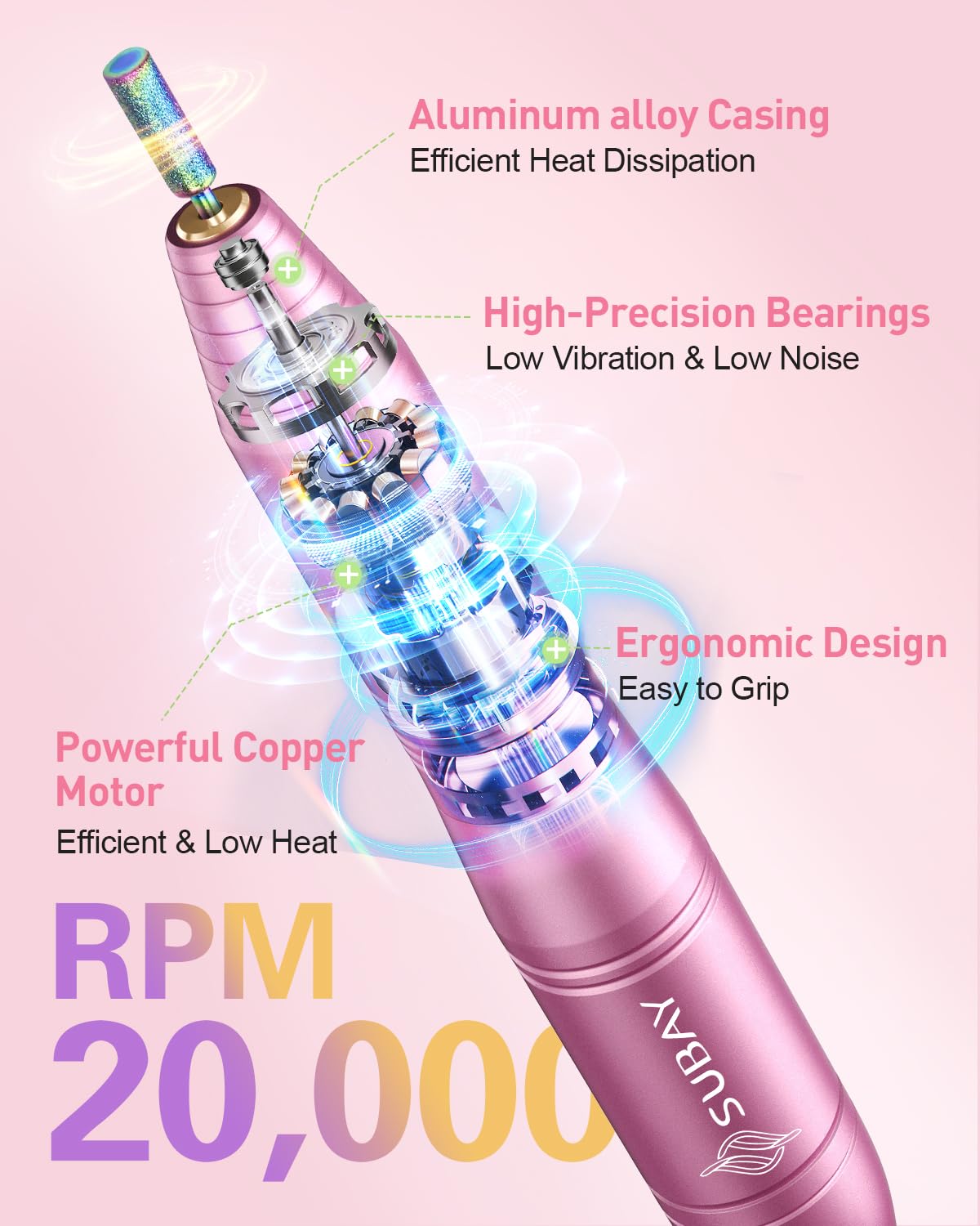 Subay Electric Nail Drill, Portable Electric Nail File for Acrylic Gel Nails, Manicure Pedicure Tool with 6 Bits and 26 Sanding Bands for Home and Salon Use - Pink
