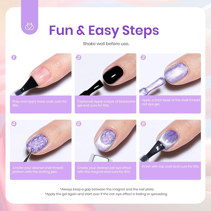 Beetles Cat Eye Gel Nail Polish - 6 Colors Summer Shimmer Pearl Cat Eye Nail Polish Set with Magnet Rainbow Mermaid Swirl Shell Thread Yellow Pink Blue Purple Green DIY Manicure Gifts for Women