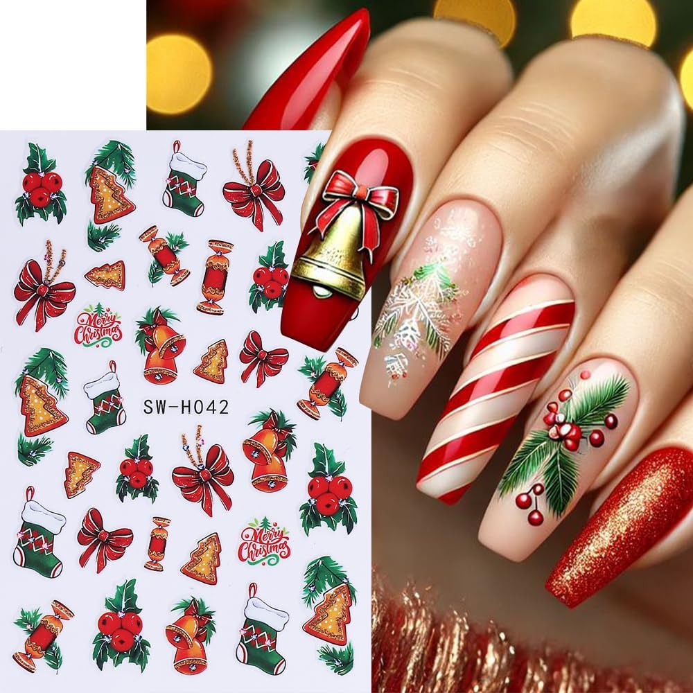 Christmas Nail Stickers Bow Stocking Snowman Nail Art Stickers Holiday Flower Candy Nail Decals 6Pcs Self-Adhesive Christmas Tree Design Sticker Holiday Nail Art Decoration for Women Manicure