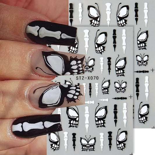 Halloween Nail Art Stickers 3D Self-Adhesive Halloween Nail Decals Nail Art Supplies 6PCS Black White Butterfly Wing Bone Ghost Face Glitter Spider Manicure Stickers for Women DIY Nail Decorations