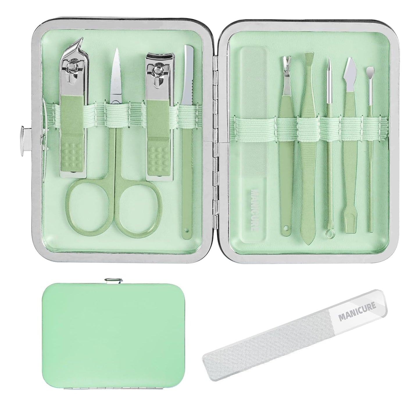 Manicure Set Professional Nail kit, Andrea 10 pcs mens manicure kit and Grooming kit, Nail Care Tools with Luxurious Travel Leather Case for Thick Nails Men Gift (green)