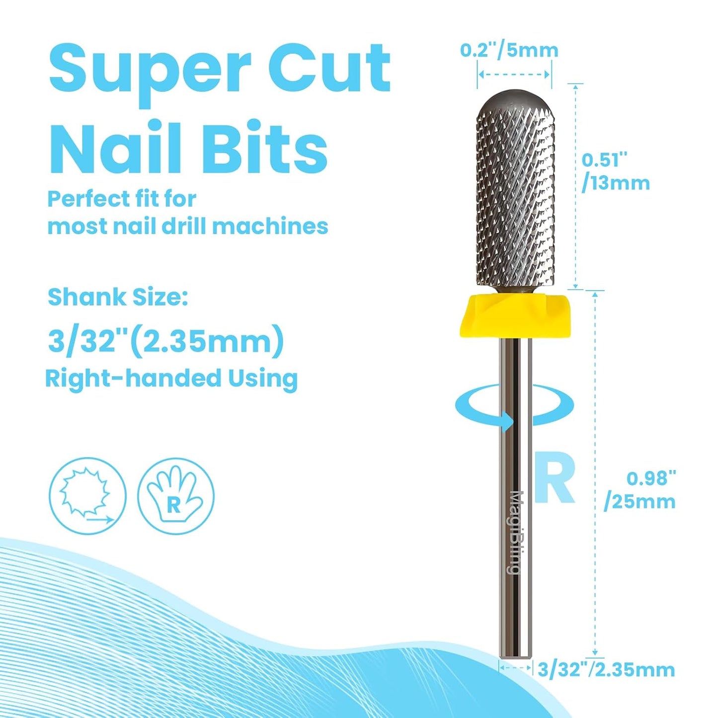 Super Cut Small Barrel 3/32'' Safety Tungsten Nail Drill Bits, Remove Gel Fast, Right handed, Suitable for Manicure Pedicure Cuticle Gel Polishing, Classic Round Top Bits, Grit: Extra Fine.