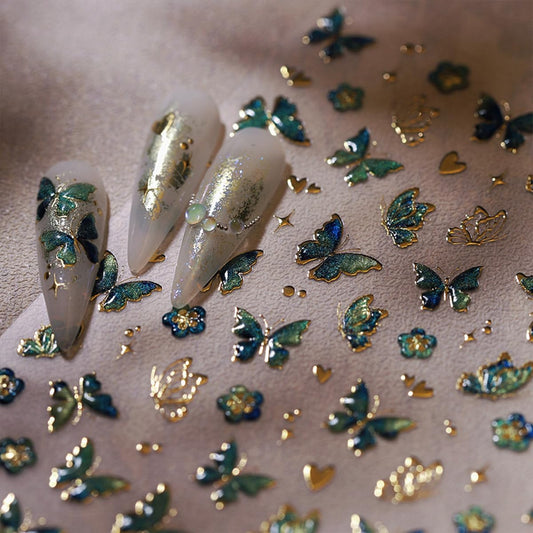 Butterfly Nail Art Stickers Decals 5D Embossed Butterfly Nail Decals Green Butterfly Gold Heart Star Nail Stickers Self Adhesive Nail Decals Cute Butterfly Nail Stickers for Women Manicure Nails Art