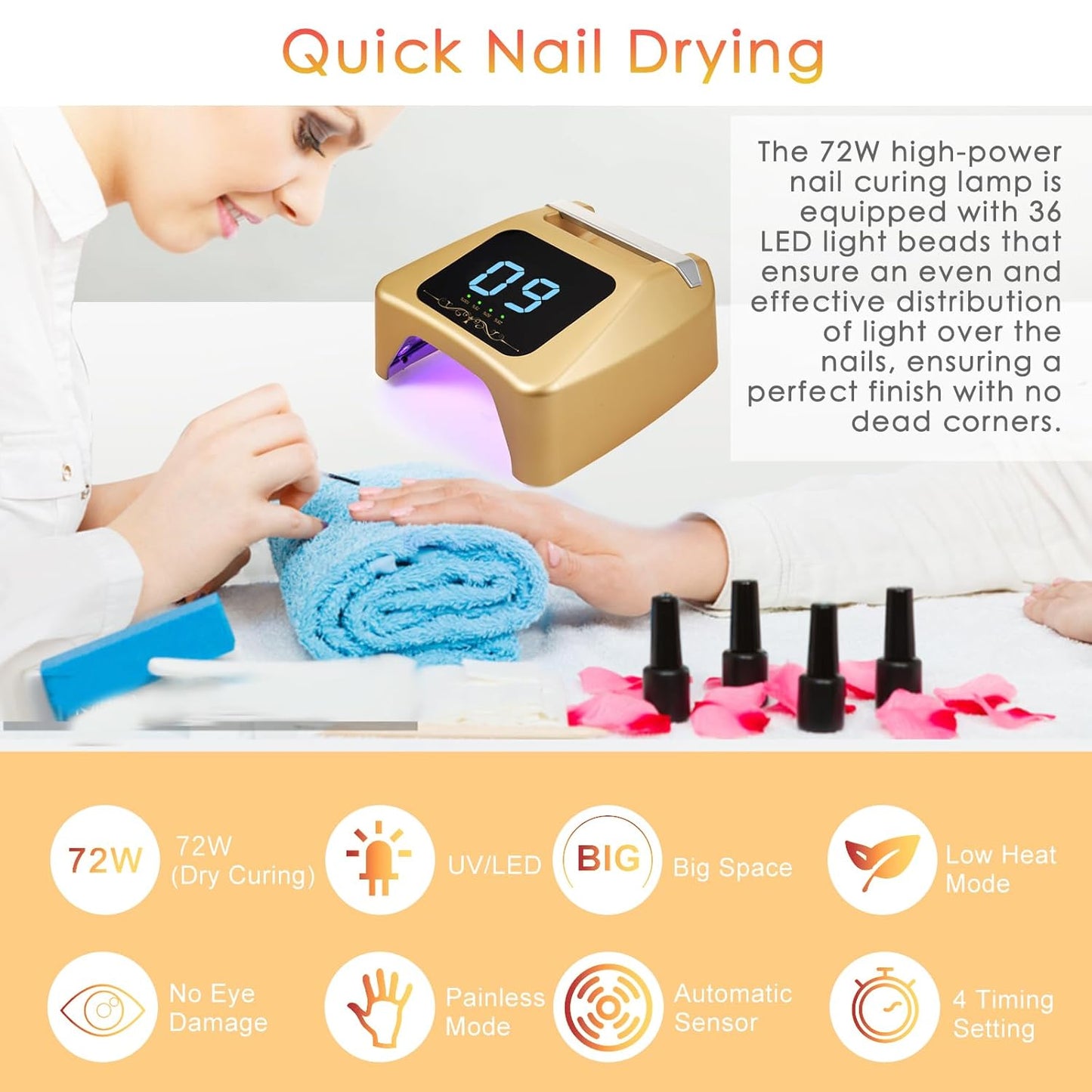 72W UV LED Nail Lamp Quick Drying Gel Nail Dryer with 4 Timer Settings Smart IR Sensor Nail UV Light for Gel Polish Gel Curing Lamp for Toes Nails Compatible with All Gel Type